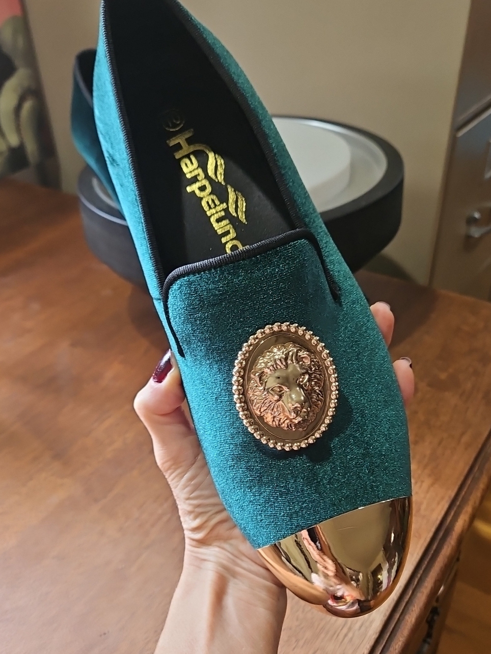 Green Velvet Loafer with Gold Lion Emblem